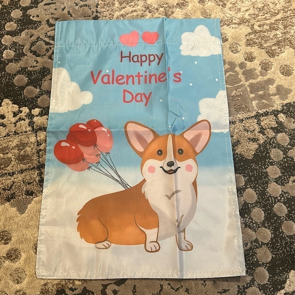 💥2/$10 Corgi Double Sided Happy Valentine’s Day Yard Flag 18x12 Dog Puppy Corgi